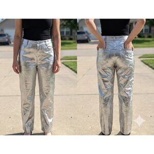 Altar'd State Silver Metallic PU Leather Straight Leg Pants Size L High Rise